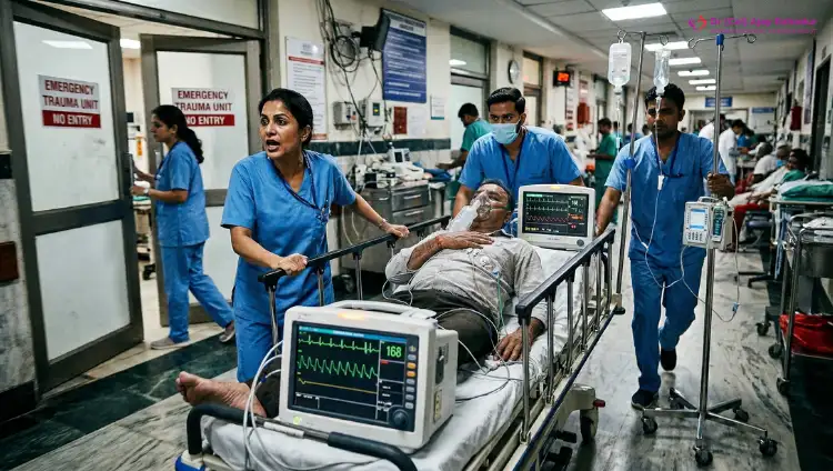 Heart attack case study showing emergency hospital scene where a patient is rushed on a stretcher with ECG monitor and medical team providing urgent cardiac care.