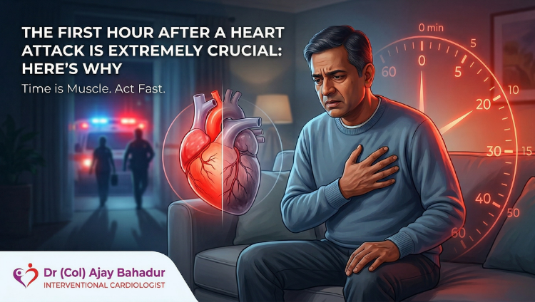 Golden Hour in heart attack showing patient with chest pain and urgent 60-minute timeline concept