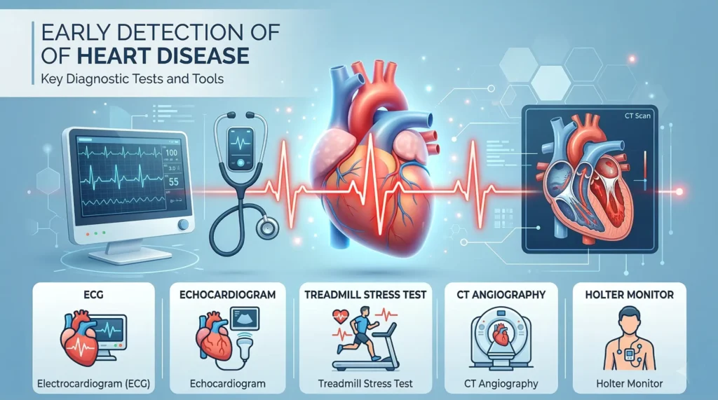 Early detection of heart disease with ECG, echocardiogram, stress test and CT coronary angiography
