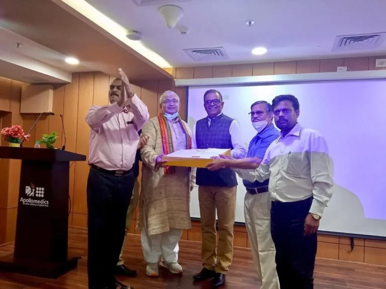 Dr. Col. Ajay Bahadur being felicitated during a cardiology conference and medical education event at Apollomedics Hospital, Lucknow