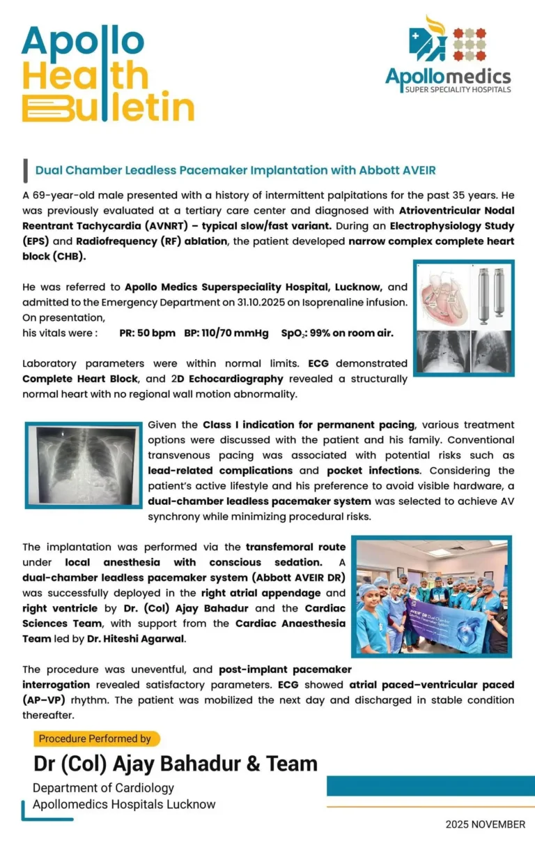 Apollo Health Bulletin presenting a successful dual-chamber leadless pacemaker implantation performed by Dr. Col. Ajay Bahadur and the Cardiology team at Apollomedics Hospital, Lucknow.
