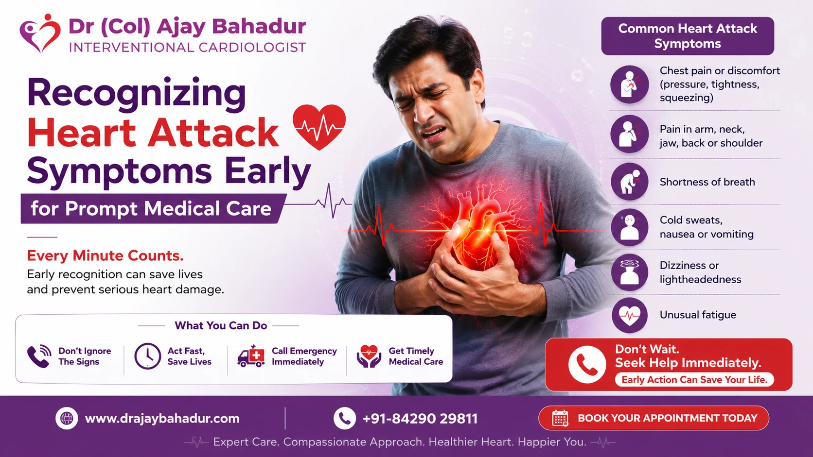 Recognizing heart attack symptoms early for prompt medical care infographic by Dr. (Col) Ajay Bahadur, Best Cardiologist in Lucknow, highlighting chest pain, shortness of breath, dizziness, cold sweats, and emergency heart attack warning signs.