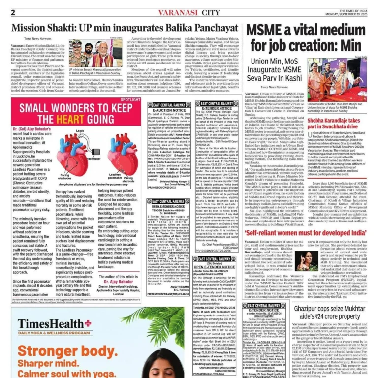 Times Health newspaper feature showcasing Dr. Col. Ajay Bahadur's successful implantation of a next-generation leadless pacemaker for advanced cardiac care in Lucknow.