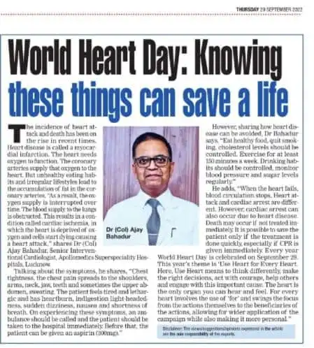 World Heart Day newspaper feature with Dr. Col. Ajay Bahadur discussing heart attack prevention, heart disease awareness, and the importance of early diagnosis in Lucknow.
